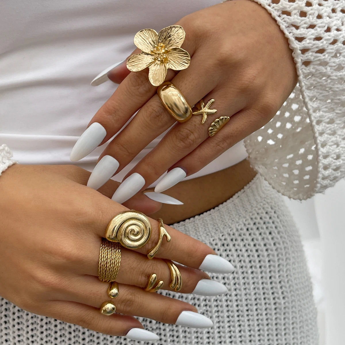 Anillos Ibicencos Set de 8pc Boho con Diseño Artesanal Mediterráneo summer gold rings