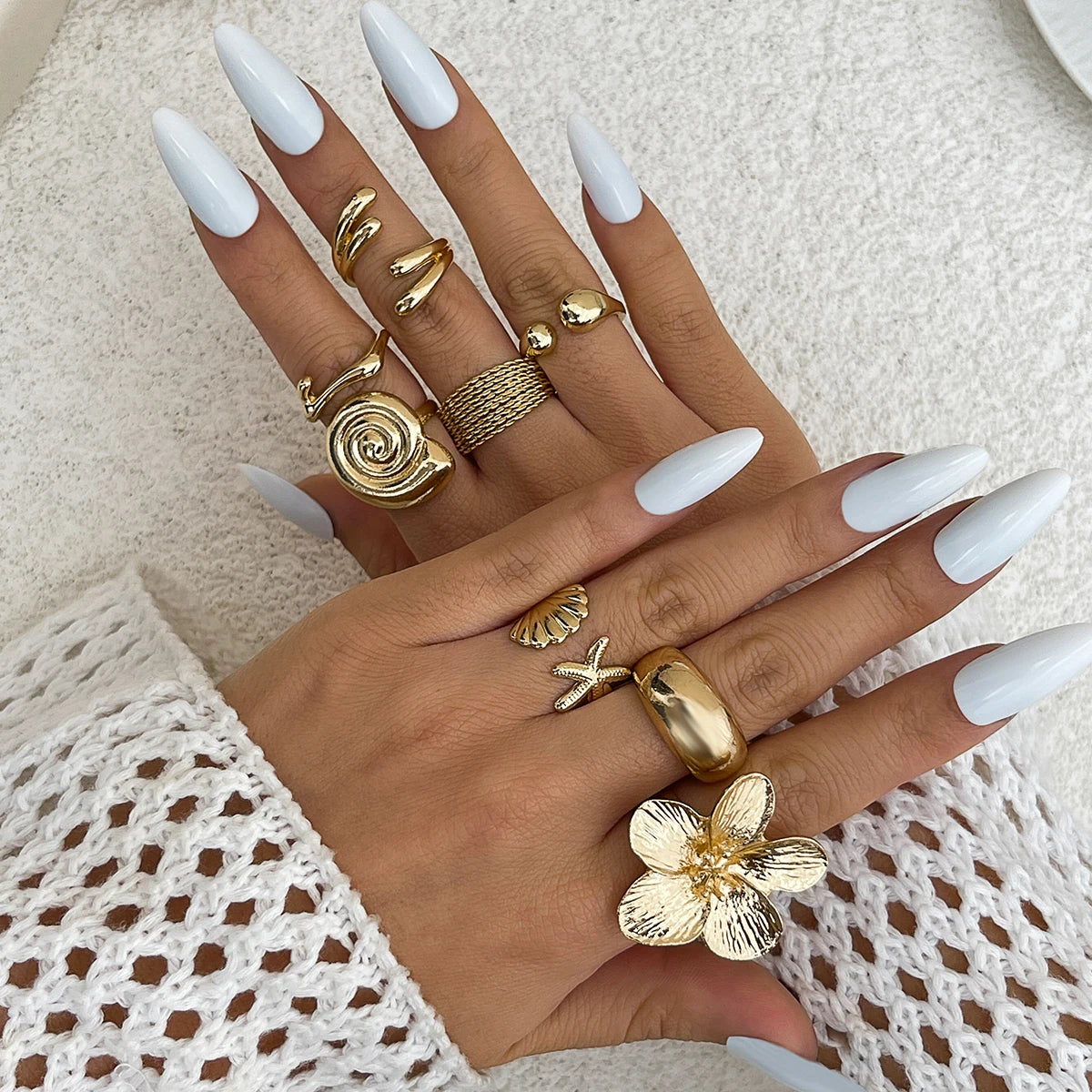 Anillos Ibicencos Set de 8pc Boho con Diseño Artesanal Mediterráneo summer gold rings