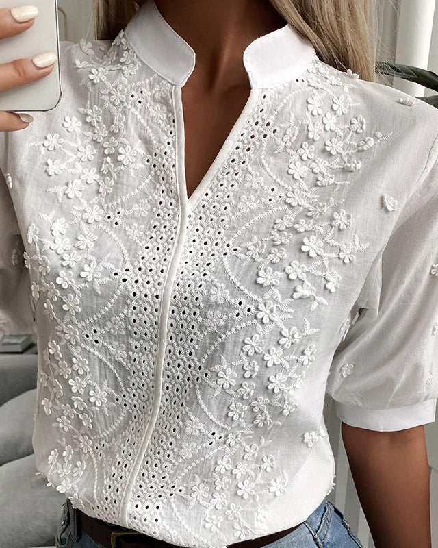 Blusa Ibicenca Boho Bordada con Cuello Mao y Detalles Calados boho shirt
