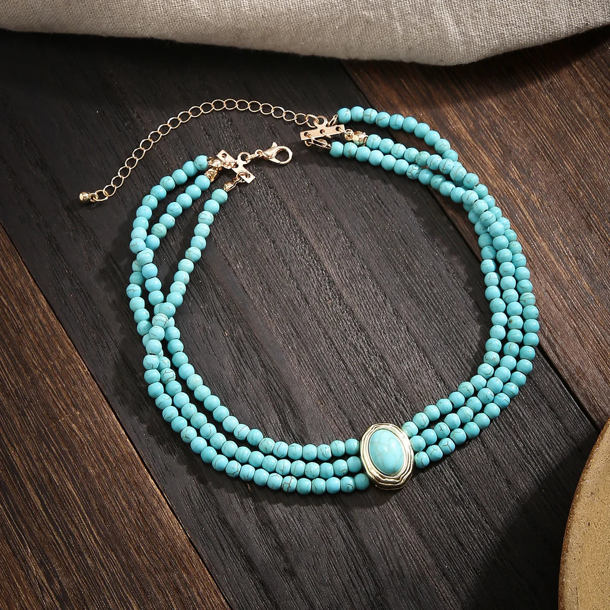 Collar Ibicenco Choker de Cuentas con Piedra Central Boho cyan necklace