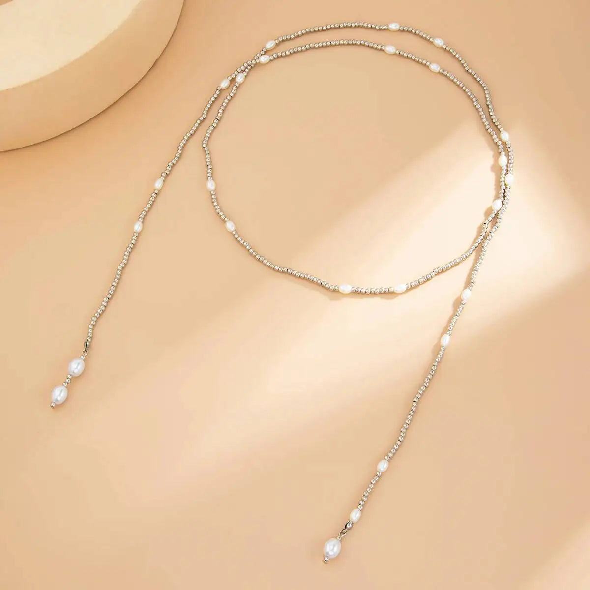 Collar Ibicenco Lariat con Perlas y Cadenas Boho long silver and pearl necklace