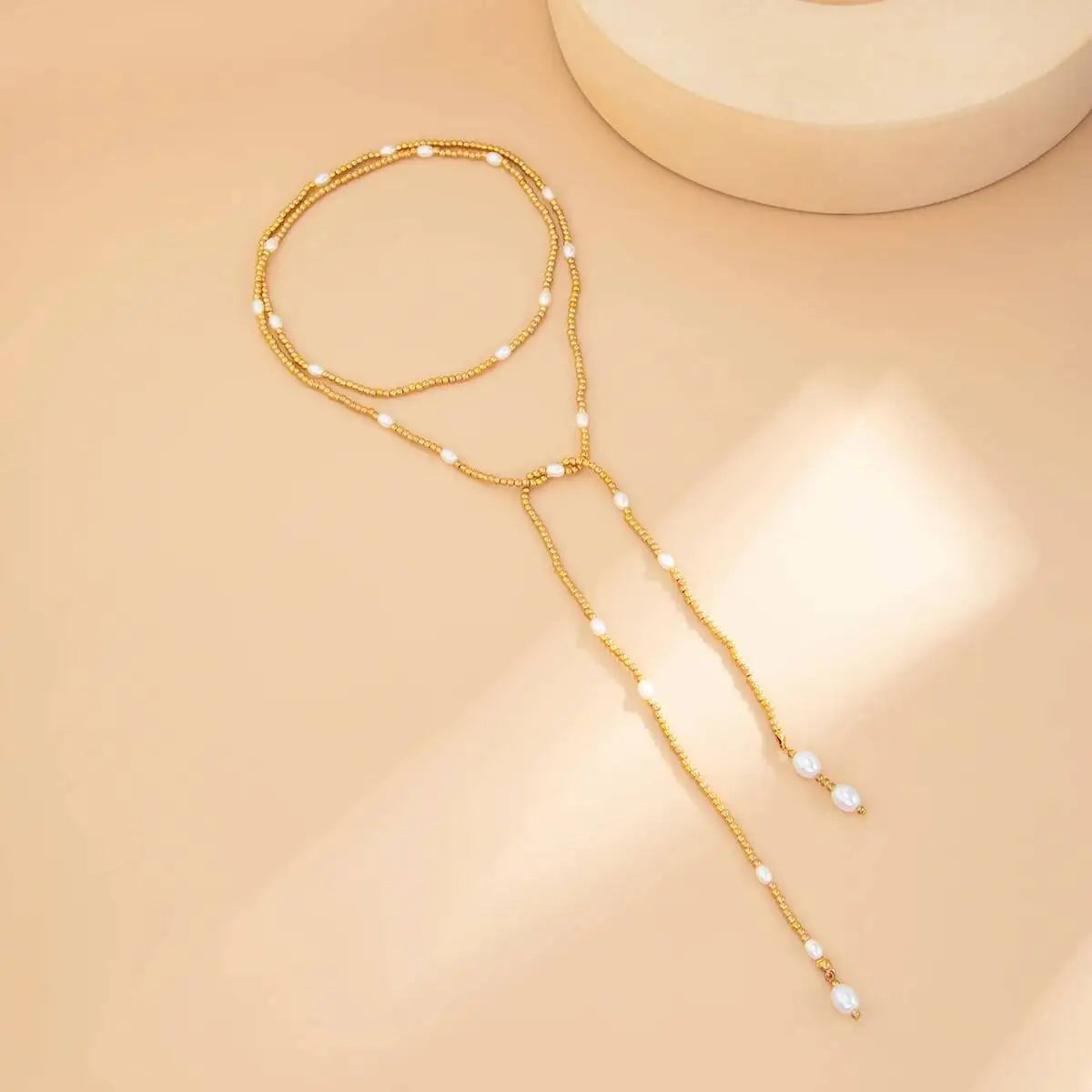 Collar Ibicenco Lariat con Perlas y Cadenas Boho long gold and pearl necklace