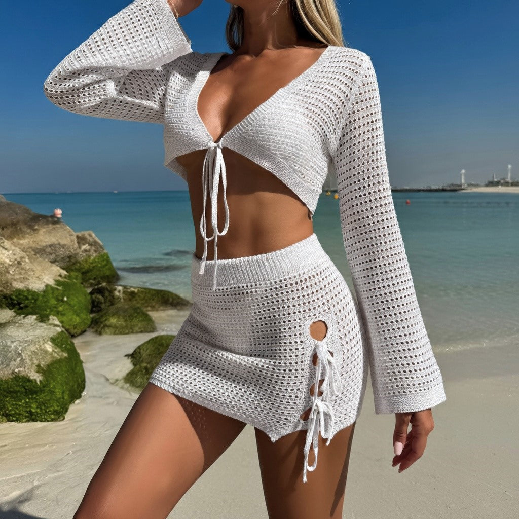 Conjunto de Dos Piezas Crochet Cover Up Playa con Falda Mini bikini cover up set