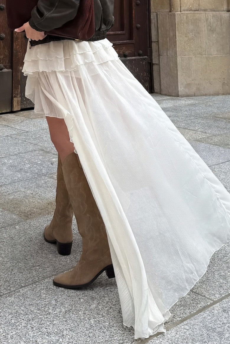 Falda Ibicenca Boho Asimétrica con Volantes y Caída Fluida long boho skirt