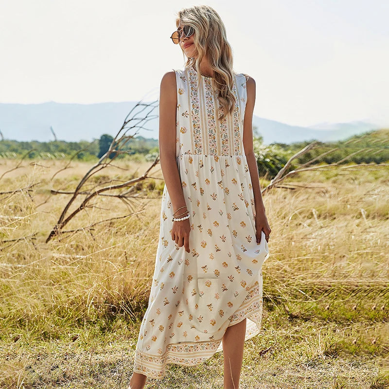Vestido Ibicenco Boho Chic Floral Sin Mangas Maxi Verano