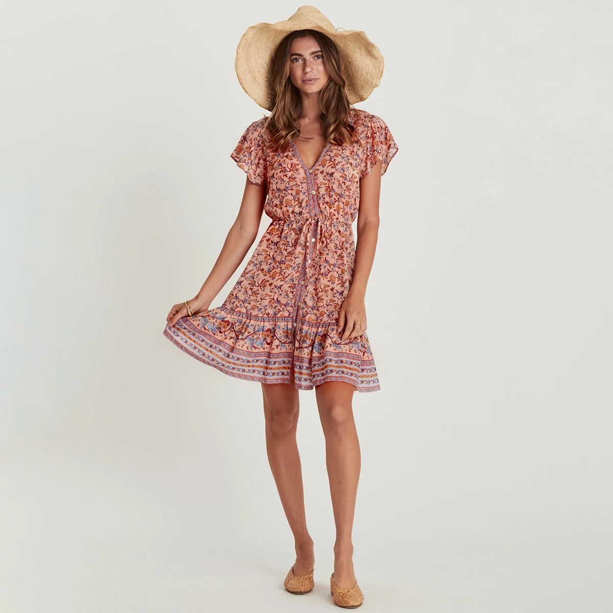 Vestido Ibicenco Floral Boho con Cuello en V