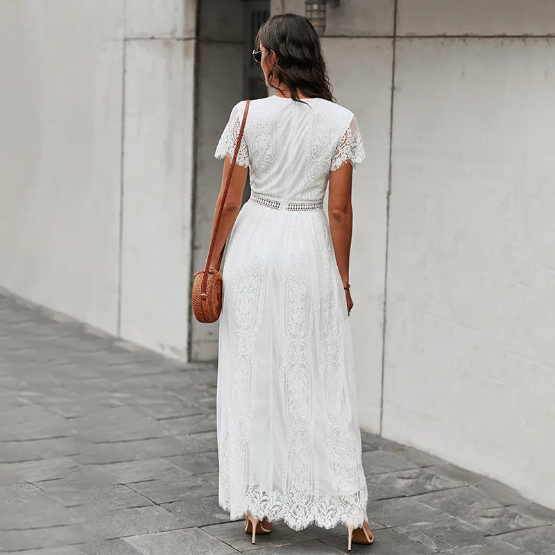 Vestido Ibicenco Bohemio de Verano con Encaje y Escote en V