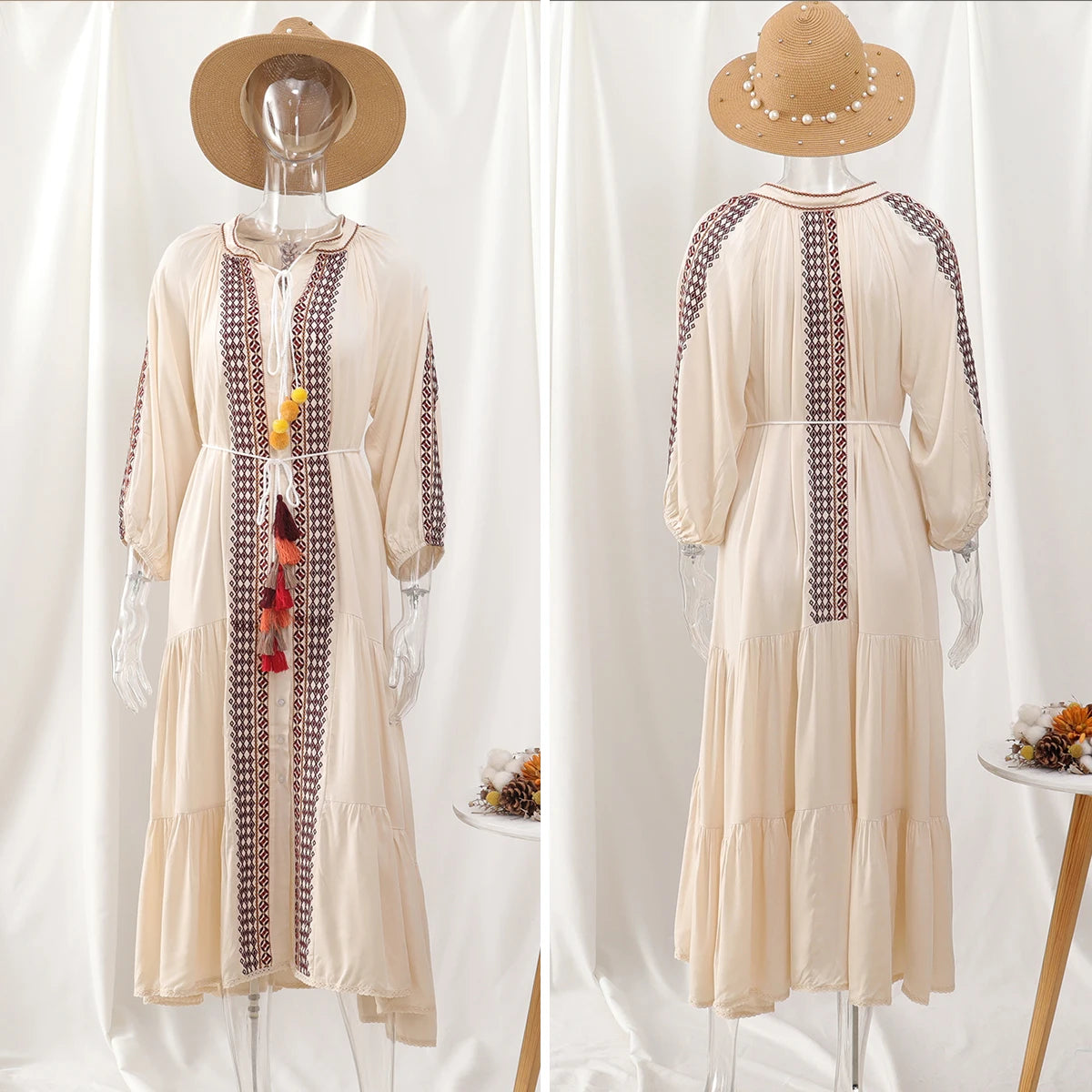 Vestido Ibicenco Retro Bordado Largo Primavera/Otoño con Detalles de Borlas