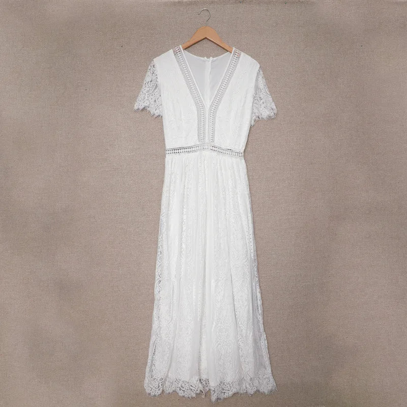 Vestido Ibicenco Bohemio de Verano con Encaje y Escote en V