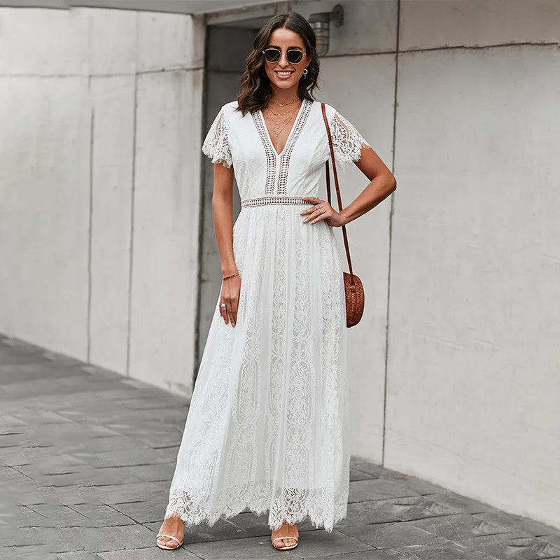 Vestido Ibicenco Bohemio de Verano con Encaje y Escote en V
