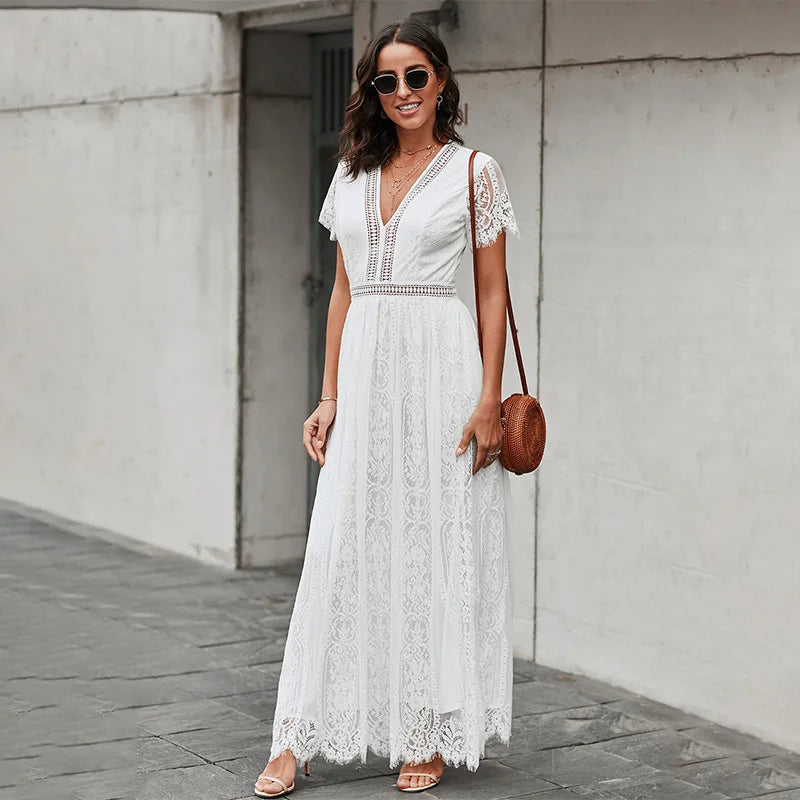 Vestido Ibicenco Bohemio de Verano con Encaje y Escote en V