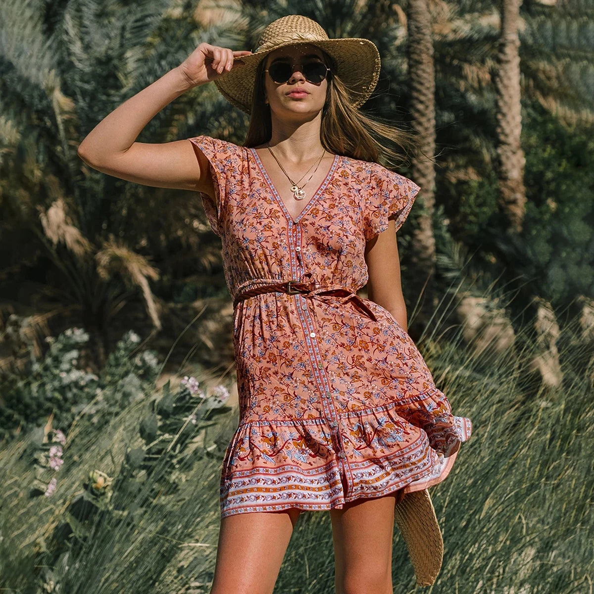 Vestido Ibicenco Floral Boho con Cuello en V