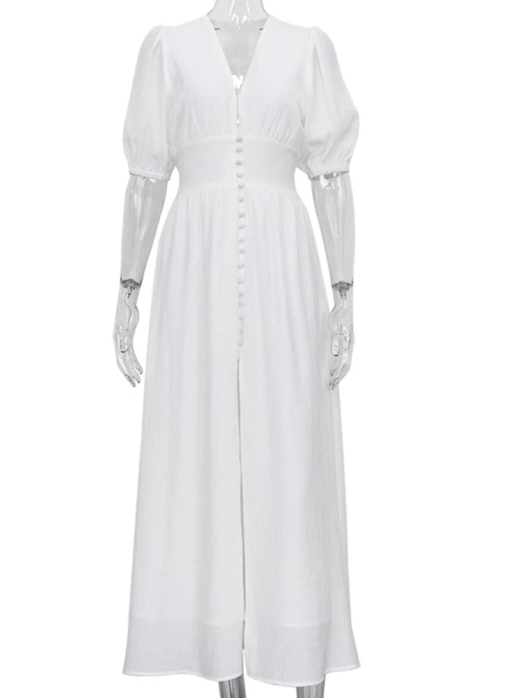 Vestido Ibicenco Largo Blanco con Escote en V, Mangas Abullonadas y Abertura Lateral