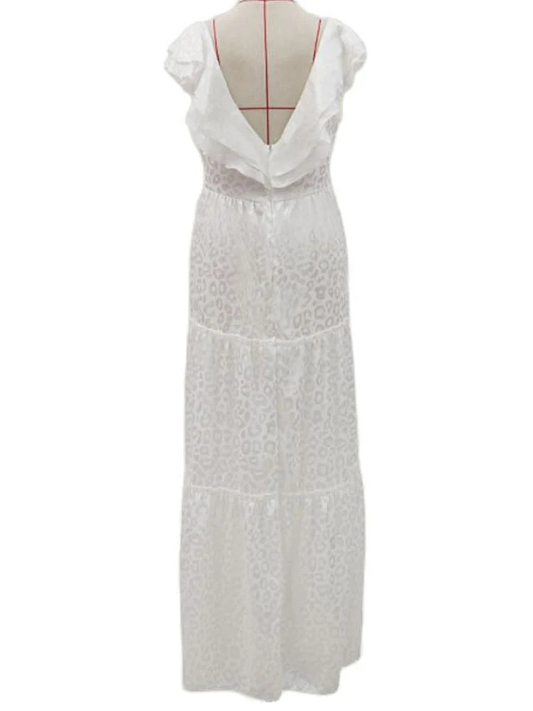 Vestido Ibicenco Largo Blanco con Cuello V y Mangas Volantes