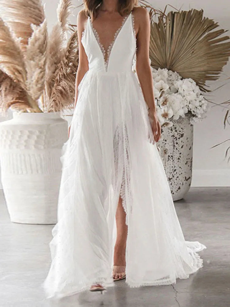 Vestido Ibicenco Largo de Encaje Blanco con Espalda Descubierta