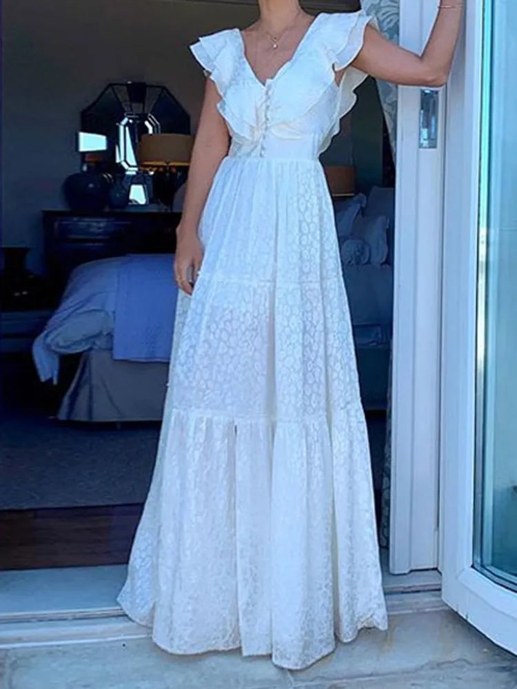 Vestido Ibicenco Largo Blanco con Cuello V y Mangas Volantes