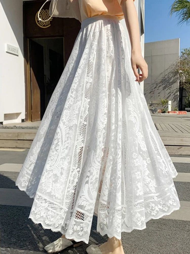 Vestido Ibicenco de Encaje Crochet, Línea A, Corte Suelto y Largo, Estilo Coreano