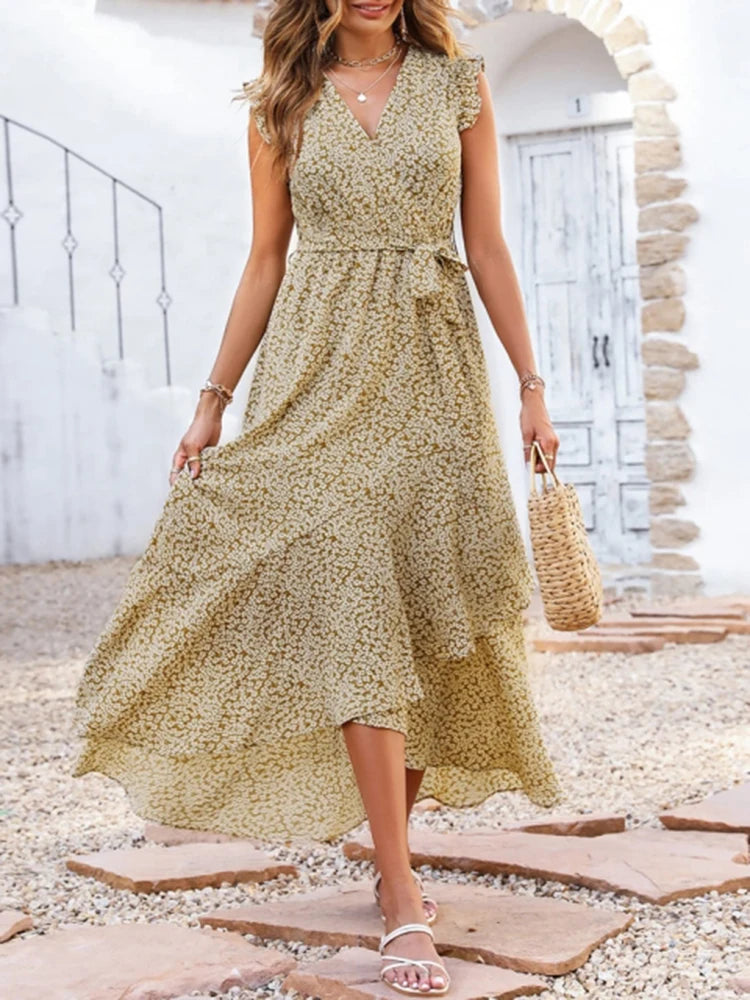 Vestido Ibicenco Largo de Verano con Estampado Floral, Volantes y Cordones