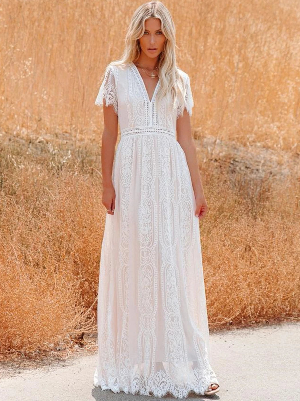 Vestido Ibicenco Maxi Encaje Boho Elegante Cuello V