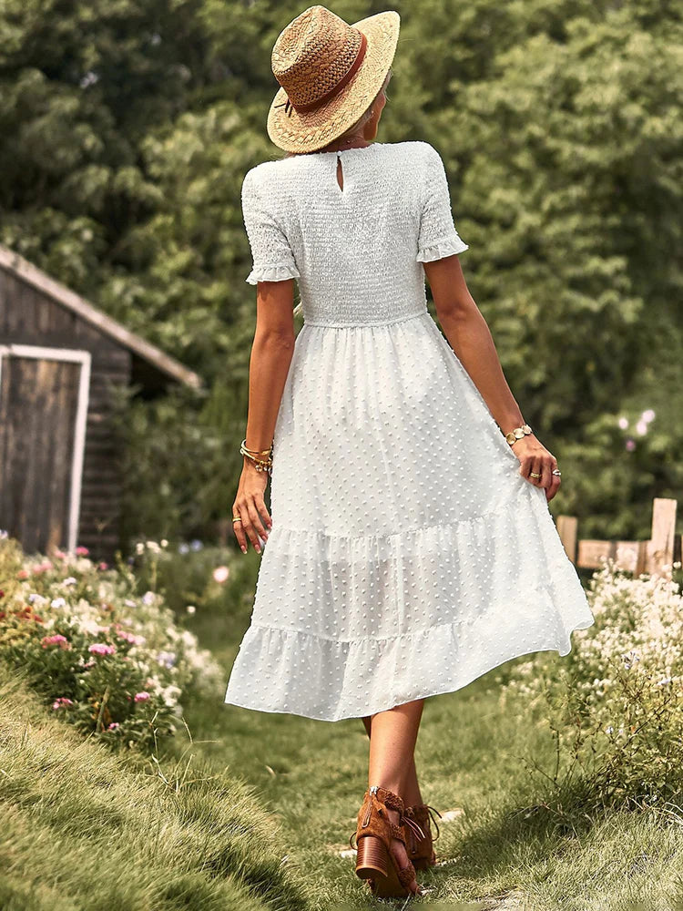 Vestido Ibicenco Midi Boho con Cintura Alta y Volantes