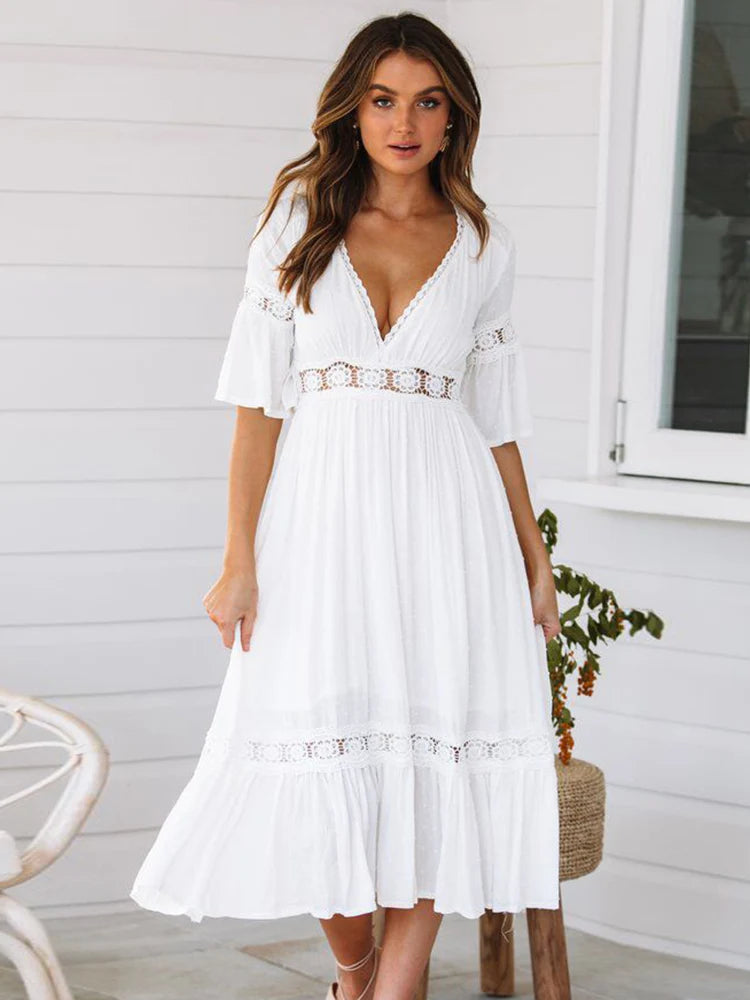 Vestido Ibicenco Largo Blanco Boho con Calado y Cuello en V