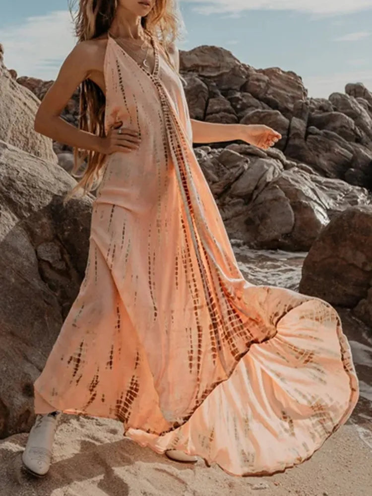 Vestido Ibicenco Boho Halter Sin Espalda y Sin Mangas