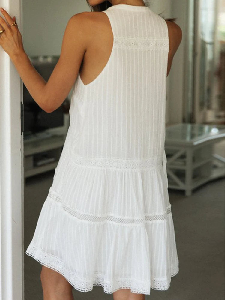 Vestido Ibicenco de Encaje Blanco, Sin Mangas, Silueta Suelta, Estilo Mini