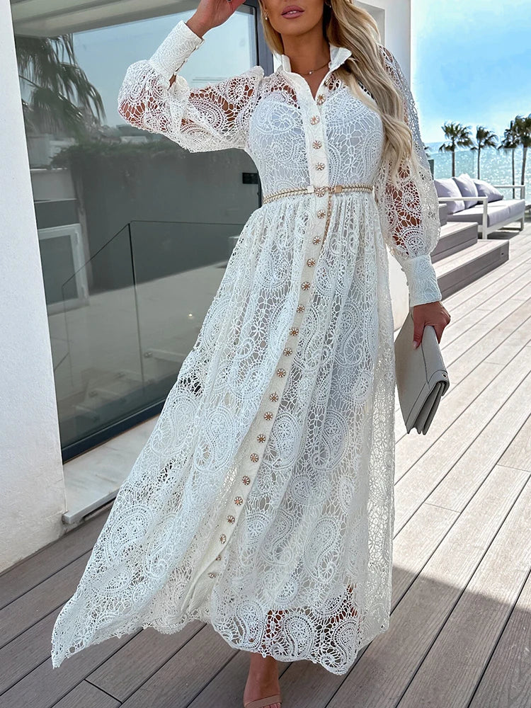 Vestido Ibicenco Largo de Encaje Blanco con Bordado y Mangas Largas