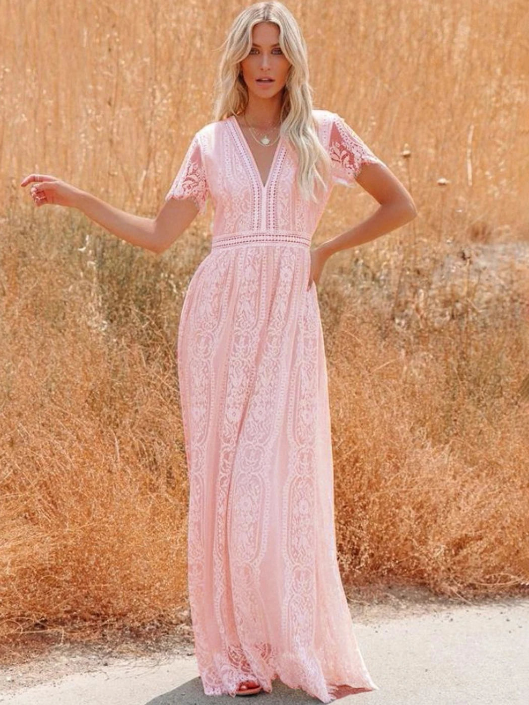 Vestido Ibicenco Maxi Encaje Boho Elegante Cuello V