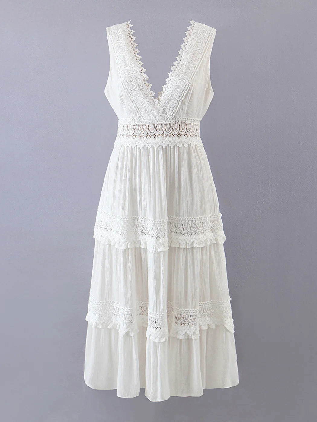 Vestido Ibicenco Midi de Encaje Blanco con Cintura Alta
