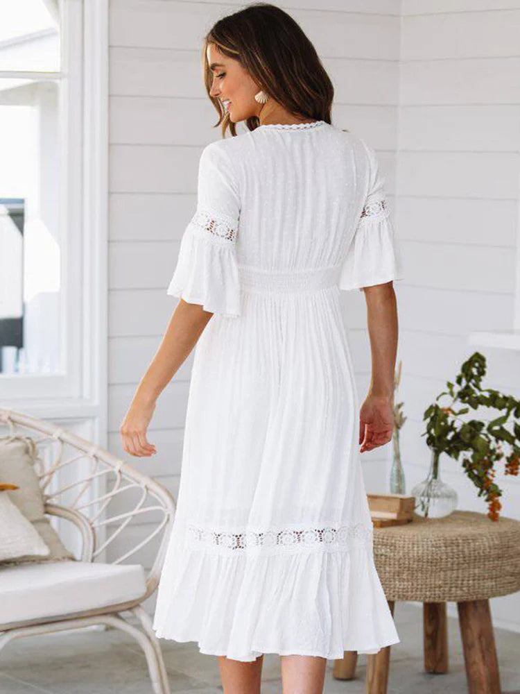 Vestido Ibicenco Largo Blanco Boho con Calado y Cuello en V