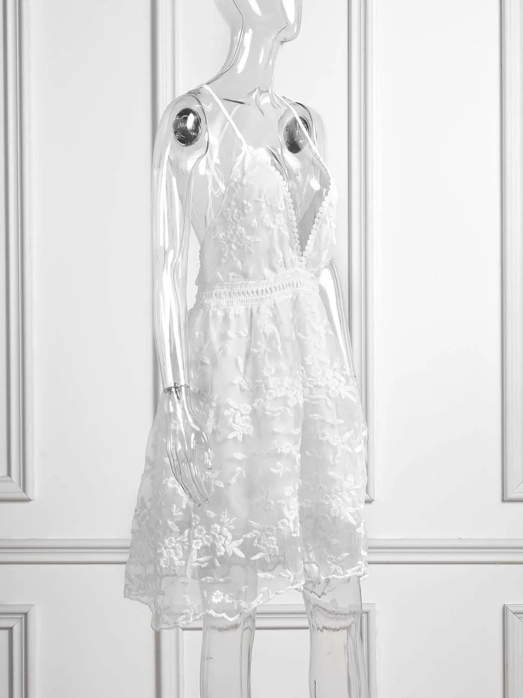 Vestido Ibicenco Espalda Descubierta, Tirantes Espagueti, Encaje y Tul Floral, Mini