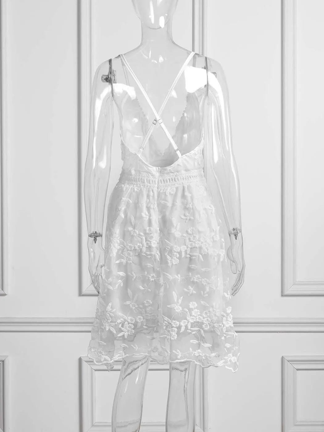Vestido Ibicenco Espalda Descubierta, Tirantes Espagueti, Encaje y Tul Floral, Mini