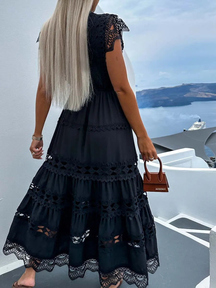 Vestido Ibicenco Largo de Encaje Blanco Boho con Cordones para Playa