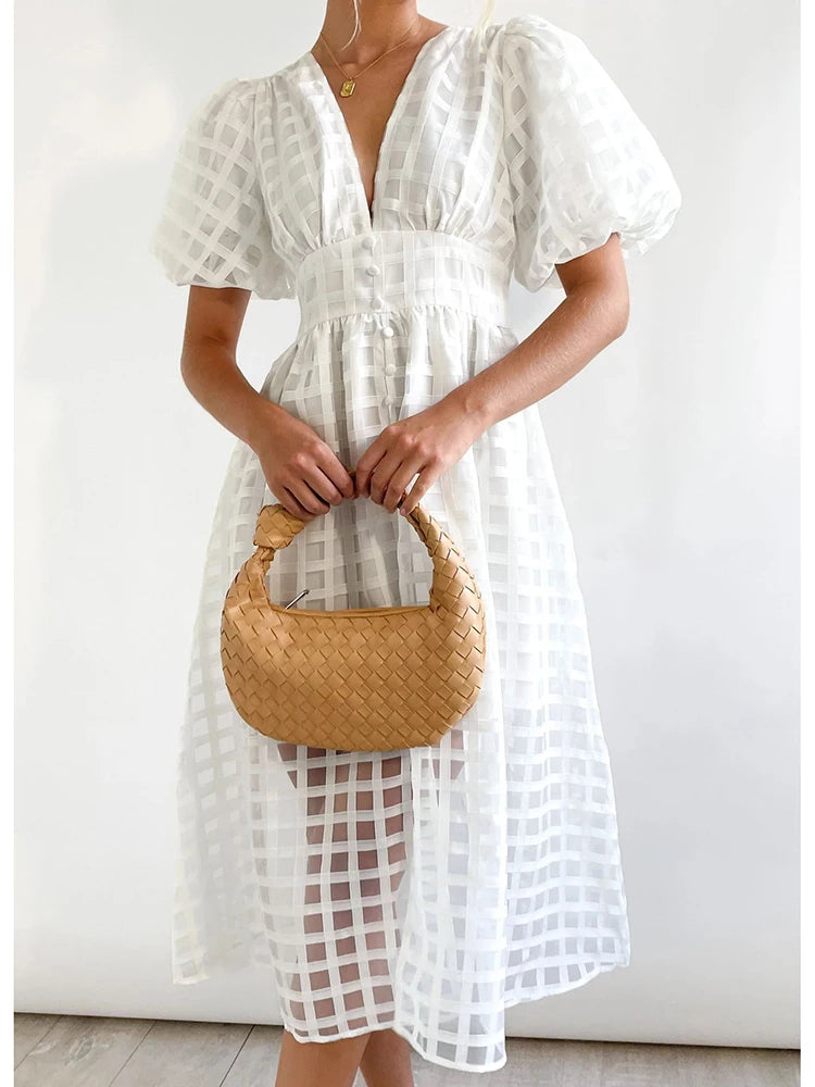 Vestido Ibicenco de Transparencias con Escote en V, Detalle de Calado y Mangas Abullonadas