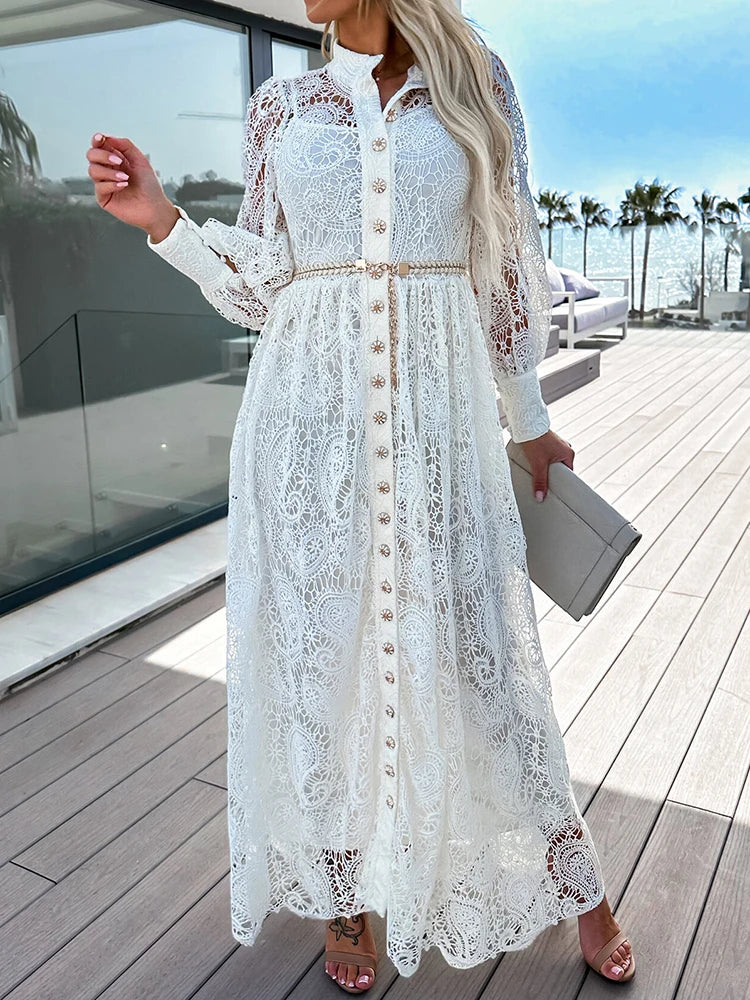 Vestido Ibicenco Largo de Encaje Blanco con Bordado y Mangas Largas