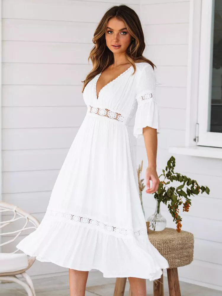Vestido Ibicenco Largo Blanco Boho con Calado y Cuello en V