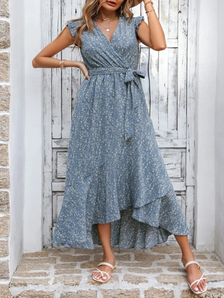 Vestido Ibicenco Largo de Verano con Estampado Floral, Volantes y Cordones