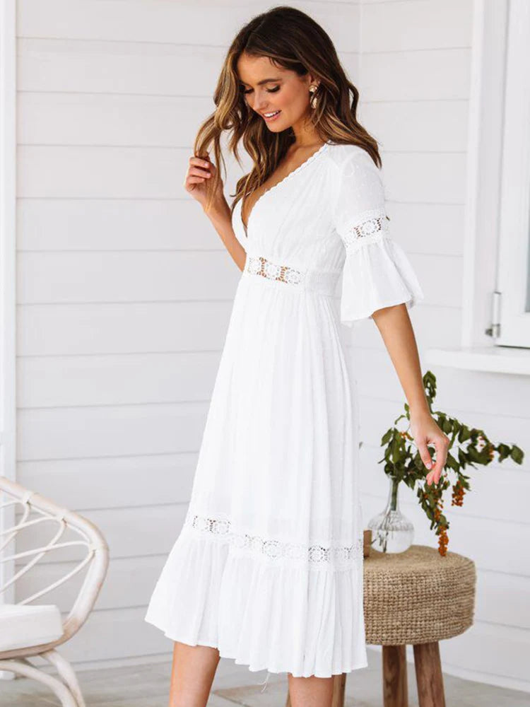 Vestido Ibicenco Largo Blanco Boho con Calado y Cuello en V