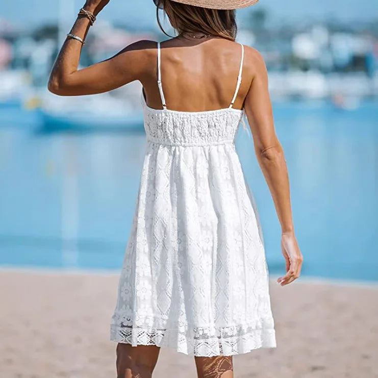 Vestido Ibicenco de Verano Bohemio con Encaje Blanco y Flecos