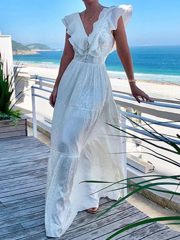 Vestido Ibicenco Largo Blanco con Cuello V y Mangas Volantes