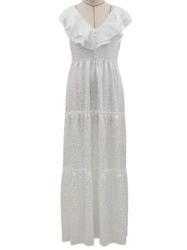 Vestido Ibicenco Largo Blanco con Cuello V y Mangas Volantes