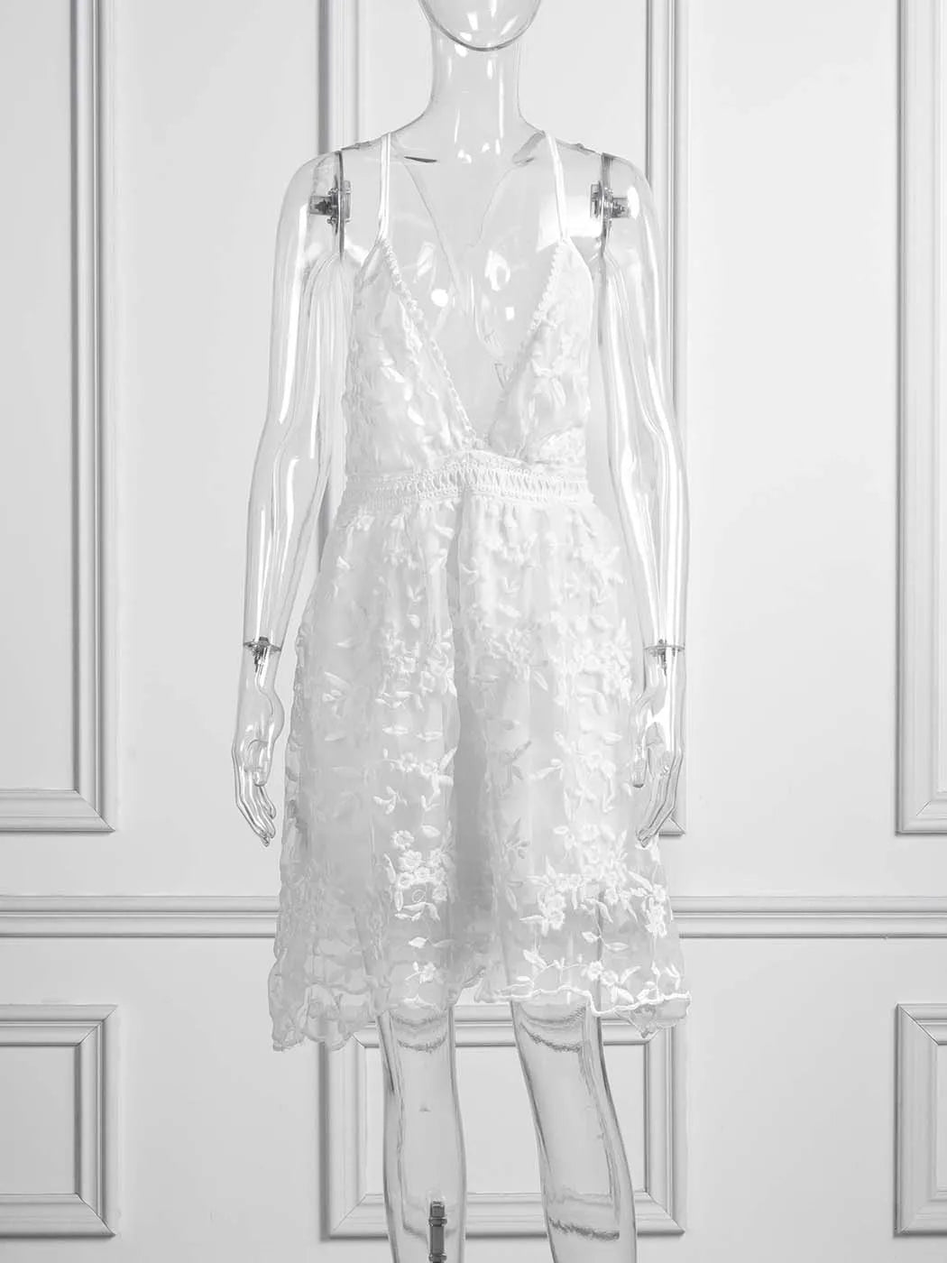 Vestido Ibicenco Espalda Descubierta, Tirantes Espagueti, Encaje y Tul Floral, Mini