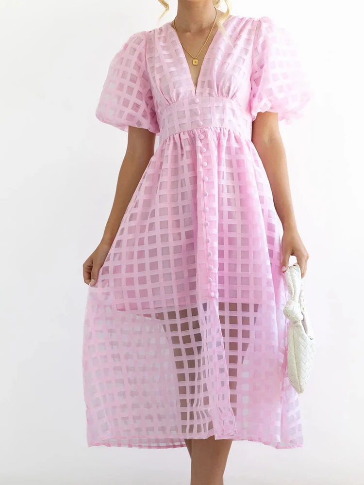 Vestido Ibicenco de Transparencias con Escote en V, Detalle de Calado y Mangas Abullonadas