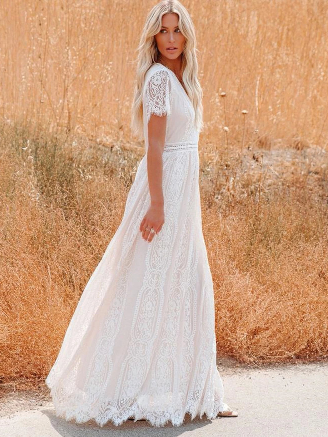 Vestido Ibicenco Maxi Encaje Boho Elegante Cuello V
