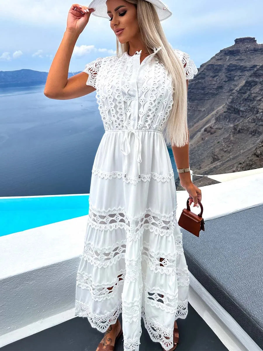 Vestido Ibicenco Largo de Encaje Blanco Boho con Cordones para Playa