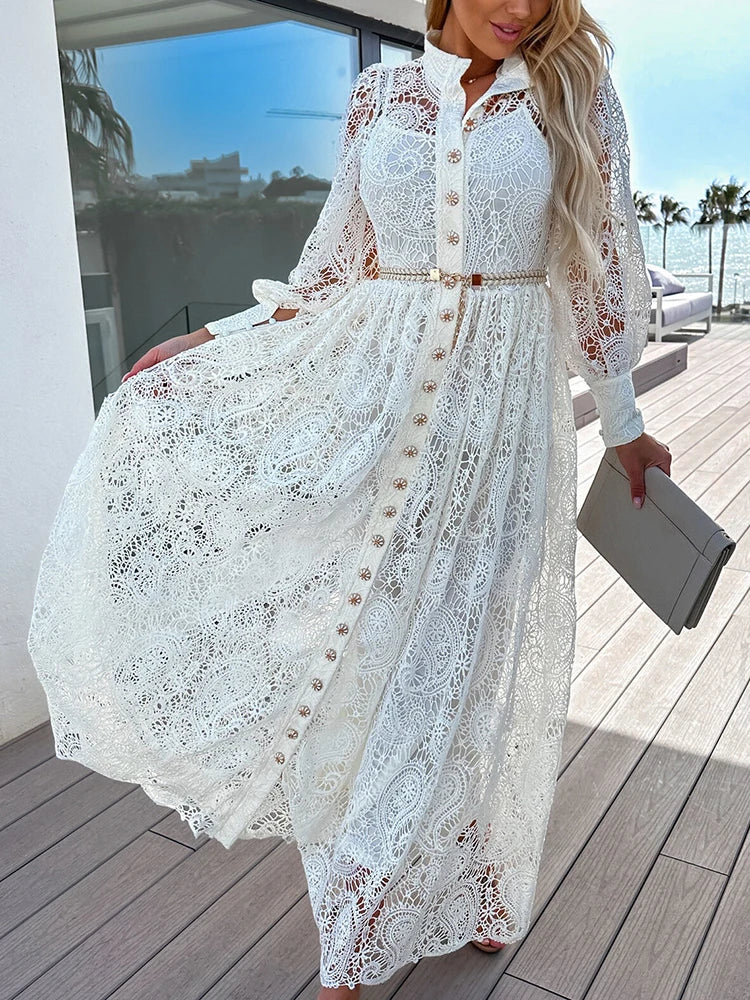 Vestido Ibicenco Largo de Encaje Blanco con Bordado y Mangas Largas