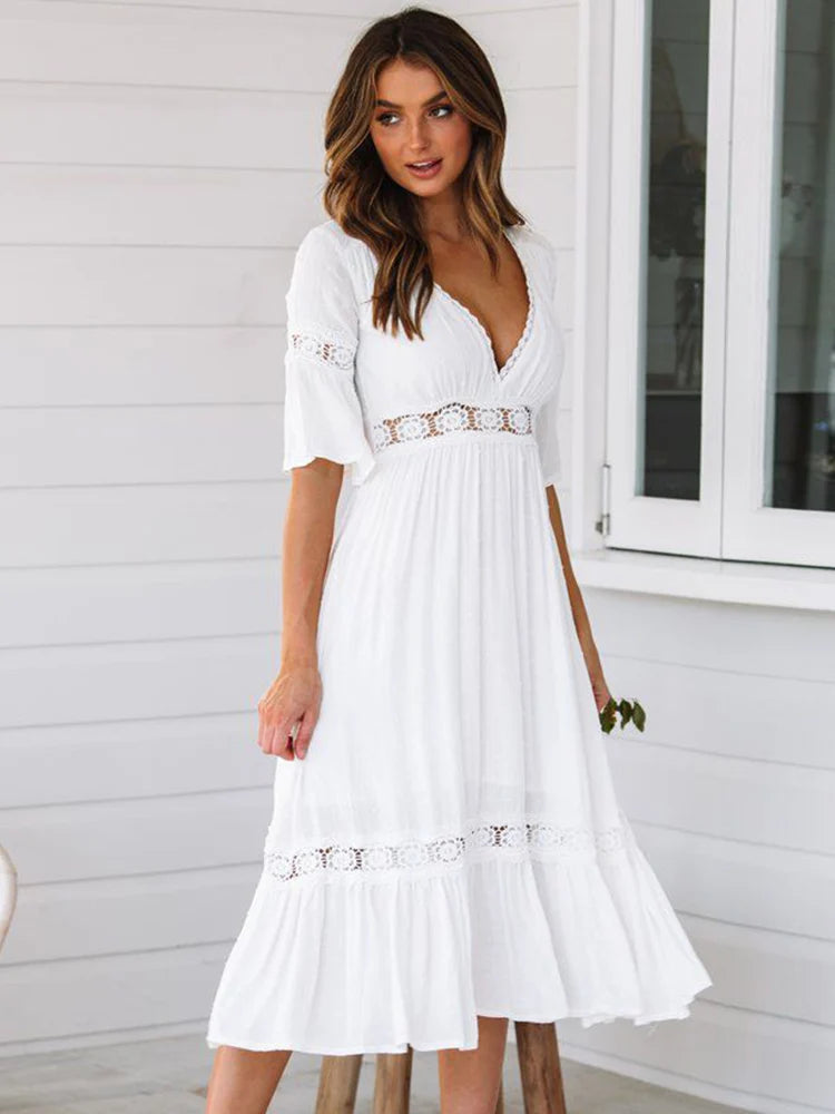 Vestido Ibicenco Largo Blanco Boho con Calado y Cuello en V