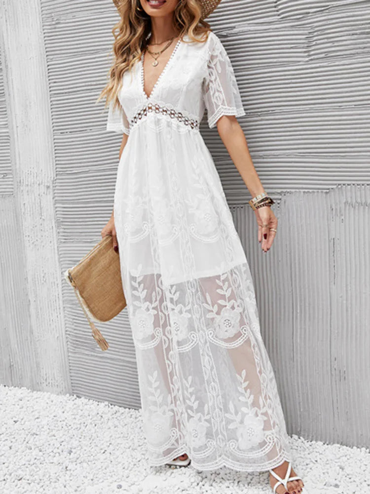 Vestido Ibicenco Boho Blanco con Bordado y Encaje de Verano
