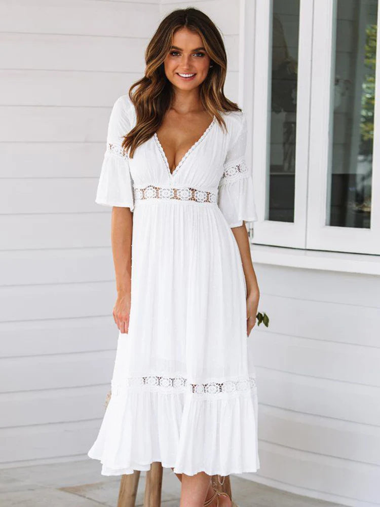 Vestido Ibicenco Largo Blanco Boho con Calado y Cuello en V